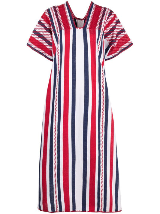 White Striped Embroidered Kaftan Midi Dress