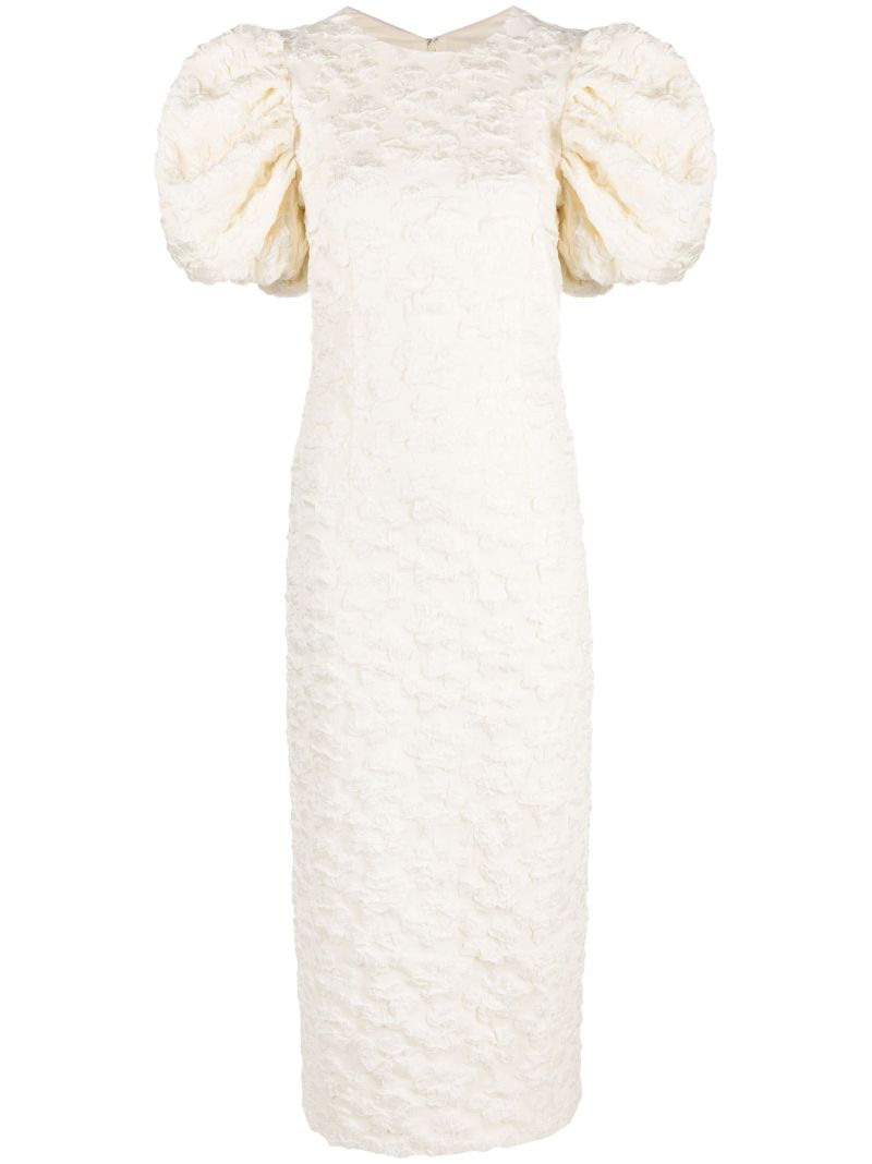 Neutral Puff Sleeve Jacquard Midi Dress