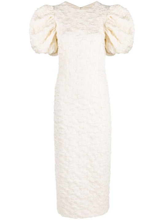 Neutral Puff Sleeve Jacquard Midi Dress