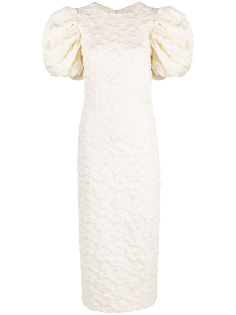 Neutral Puff Sleeve Jacquard Midi Dress