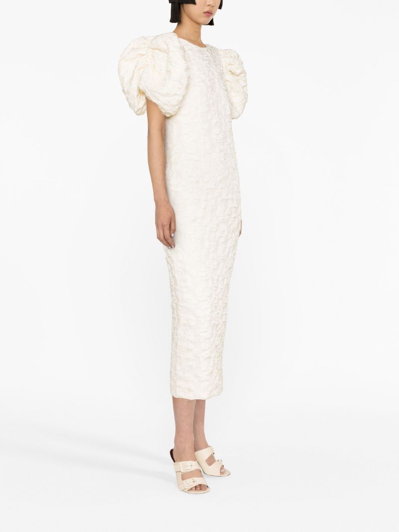Neutral Puff Sleeve Jacquard Midi Dress