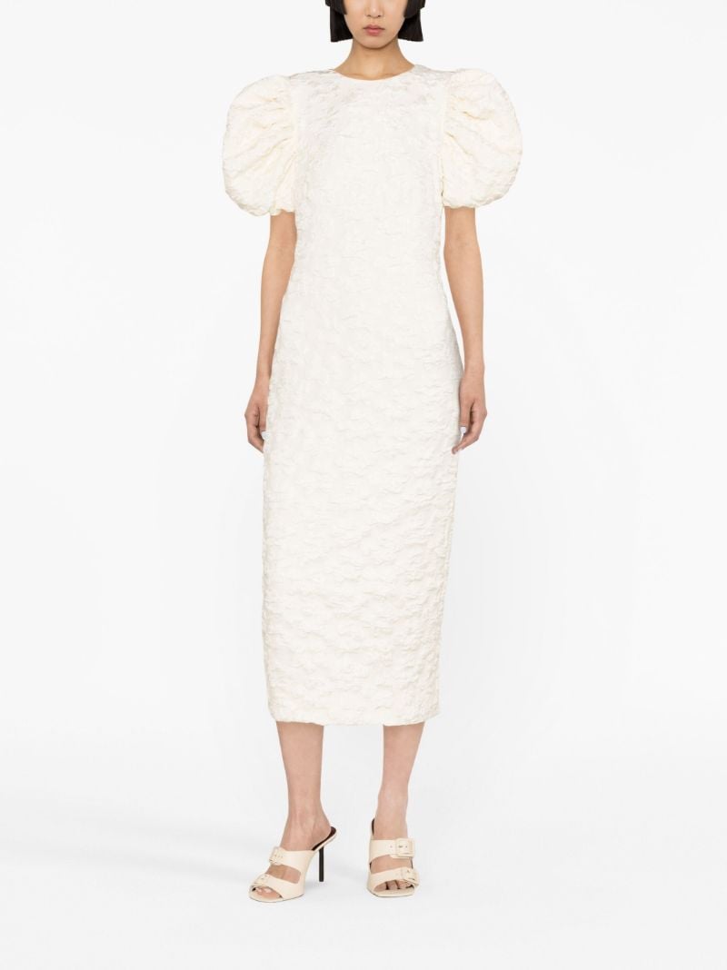 Neutral Puff Sleeve Jacquard Midi Dress