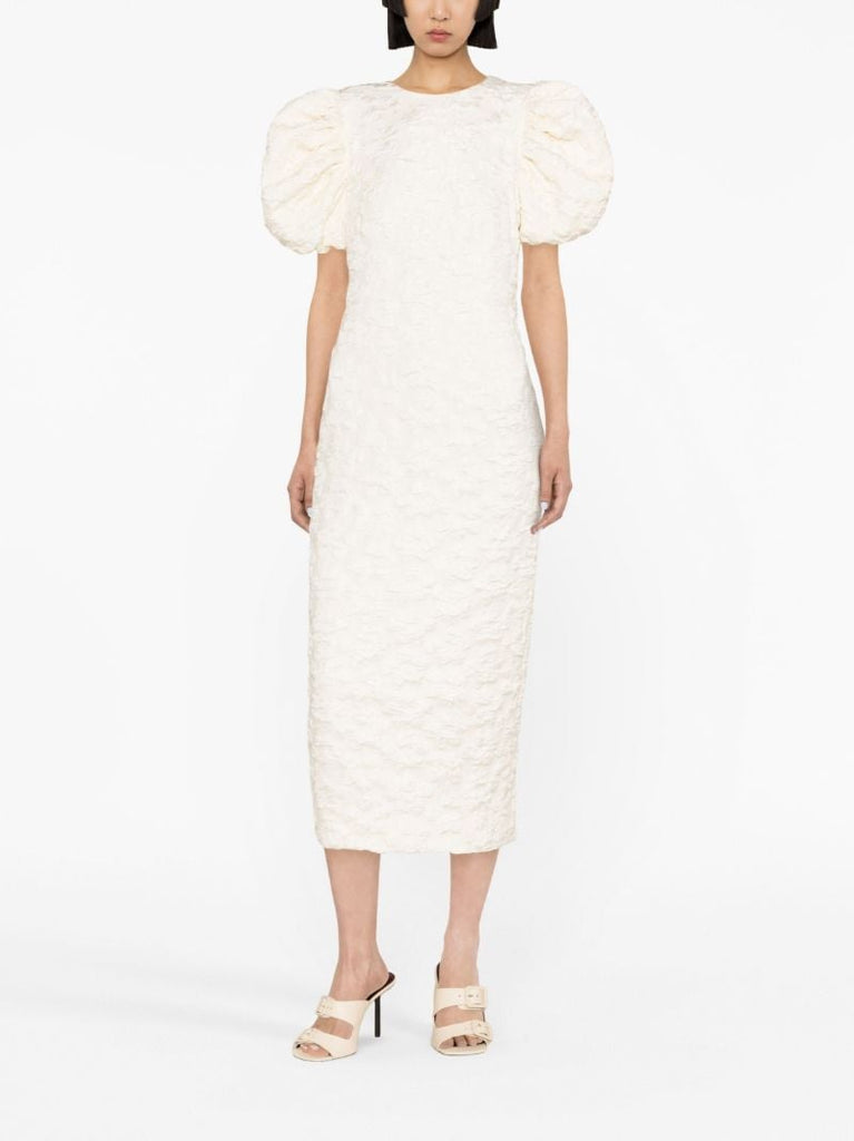 Neutral Puff Sleeve Jacquard Midi Dress