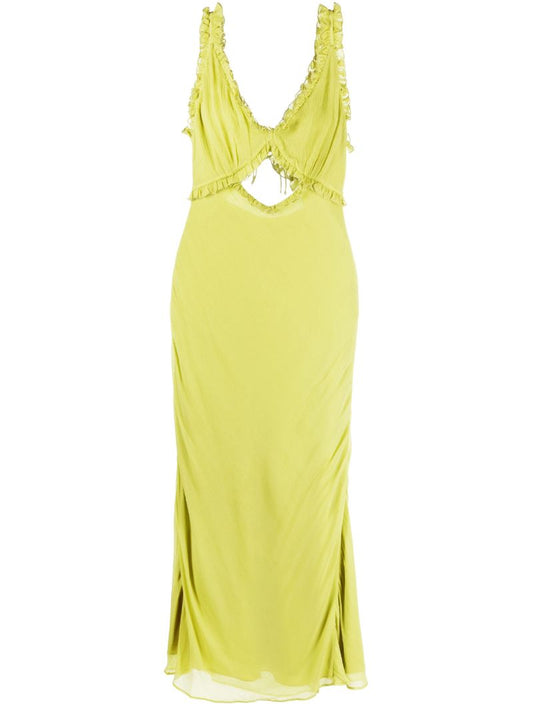 Green Olive Ruffle Trim Midi Dress