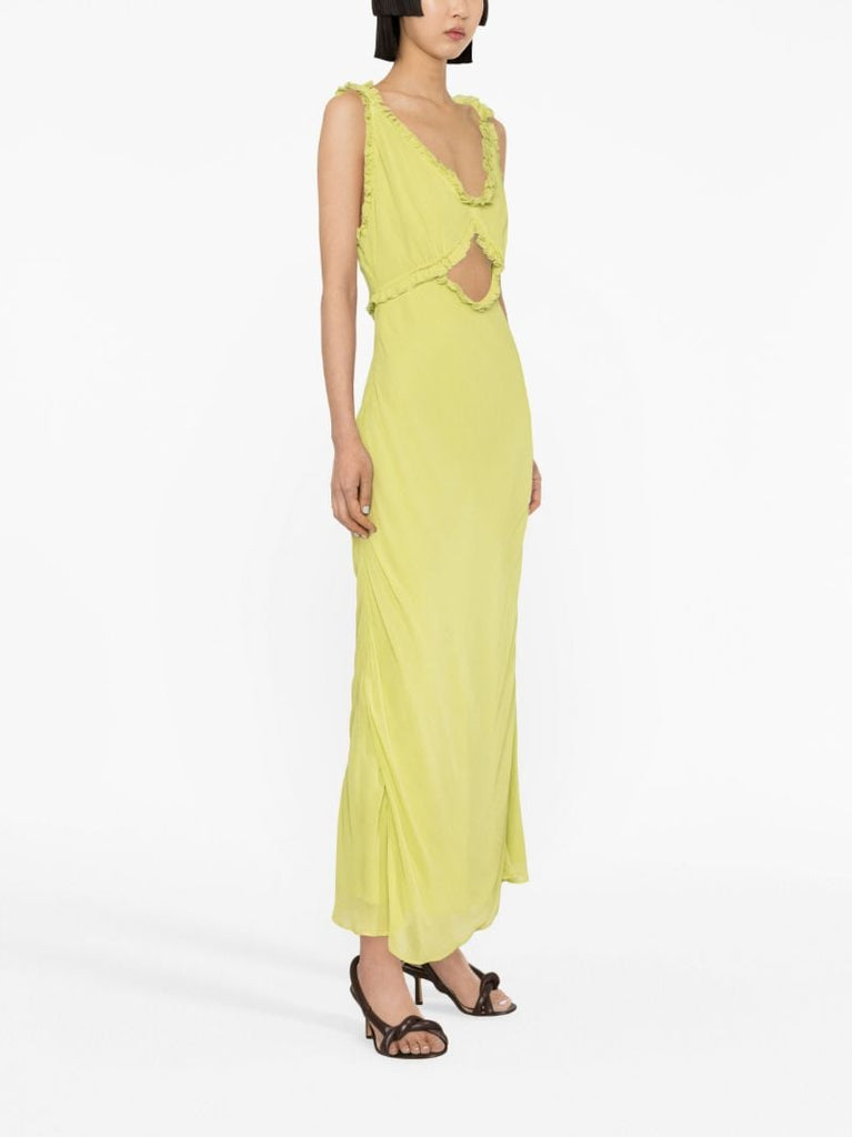 Green Olive Ruffle Trim Midi Dress