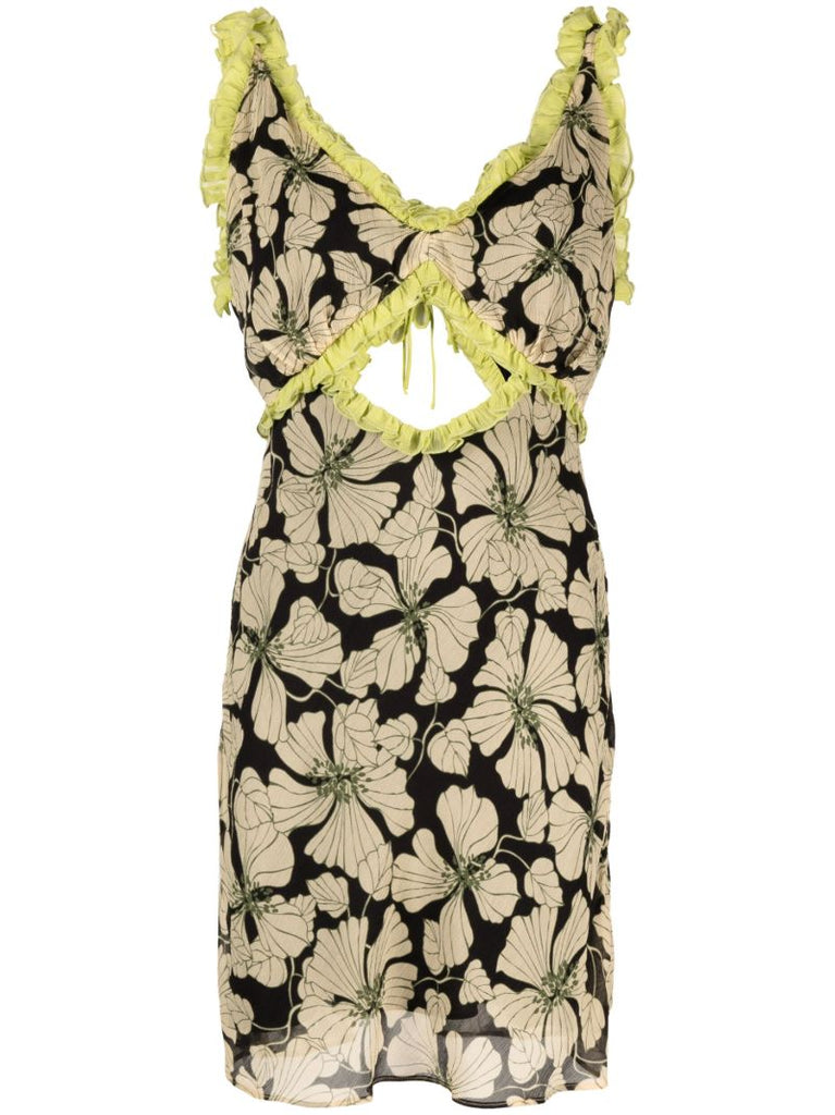 Neutral Olive Floral Print Mini Dress