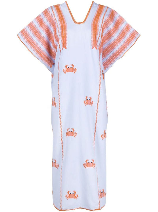 Blue Crab Embroidered Midi Dress