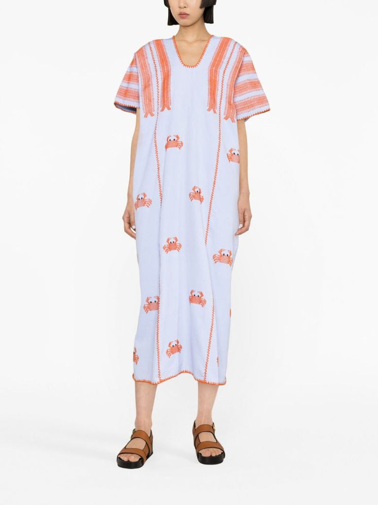 Blue Crab Embroidered Midi Dress
