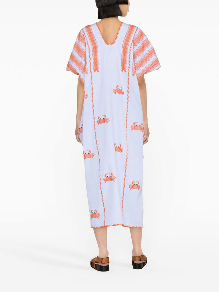 Blue Crab Embroidered Midi Dress