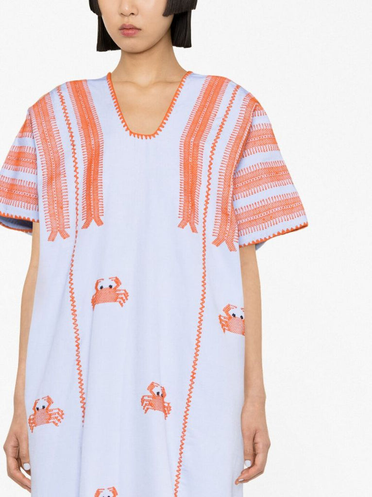 Blue Crab Embroidered Midi Dress