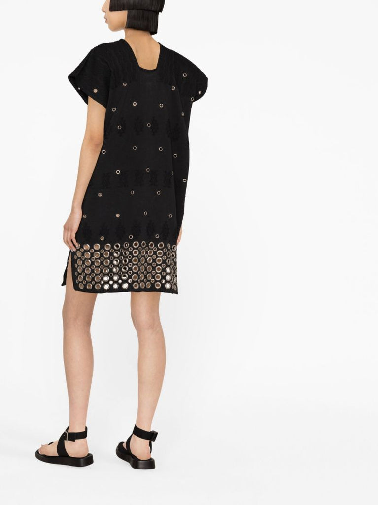Black Eyelet Embellished Kaftan Mini Dress
