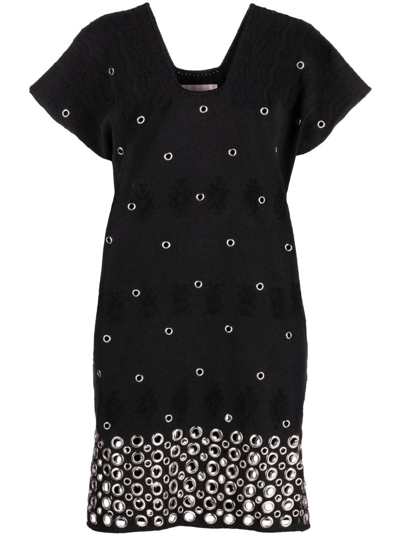Black Eyelet Embellished Kaftan Mini Dress