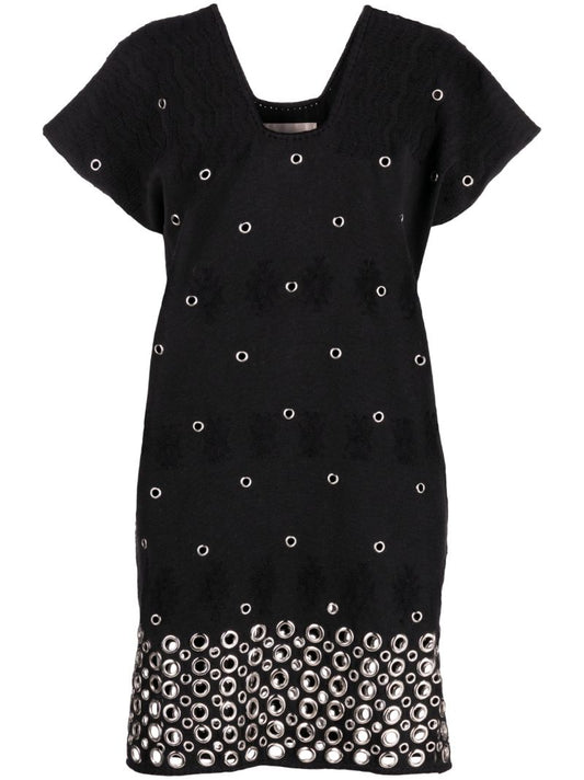 Black Eyelet Embellished Kaftan Mini Dress