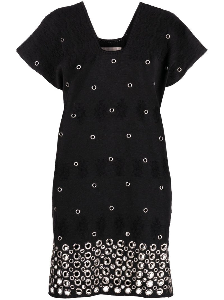 Black Eyelet Embellished Kaftan Mini Dress