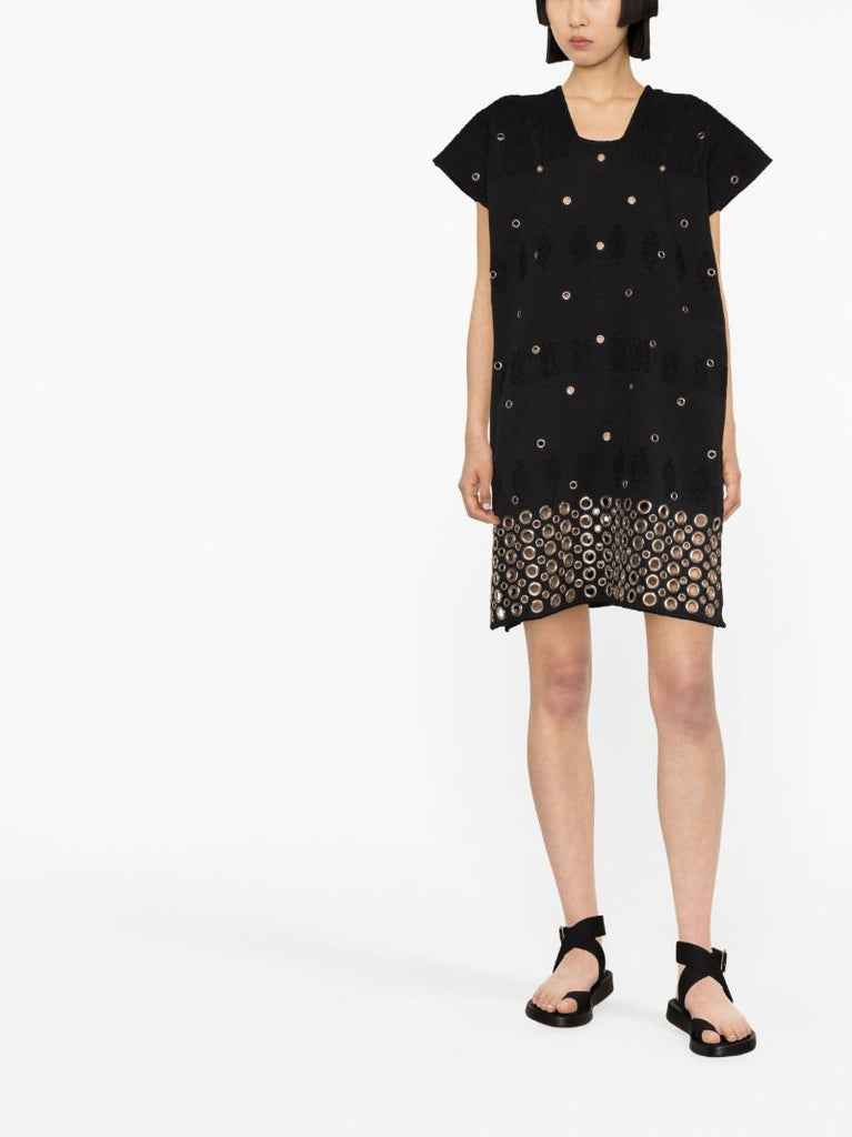 Black Eyelet Embellished Kaftan Mini Dress