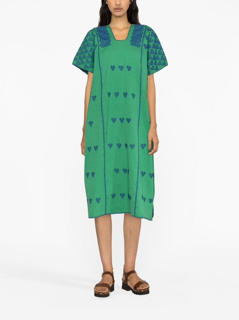Green Heart Embroidered Katfan Midi Dress