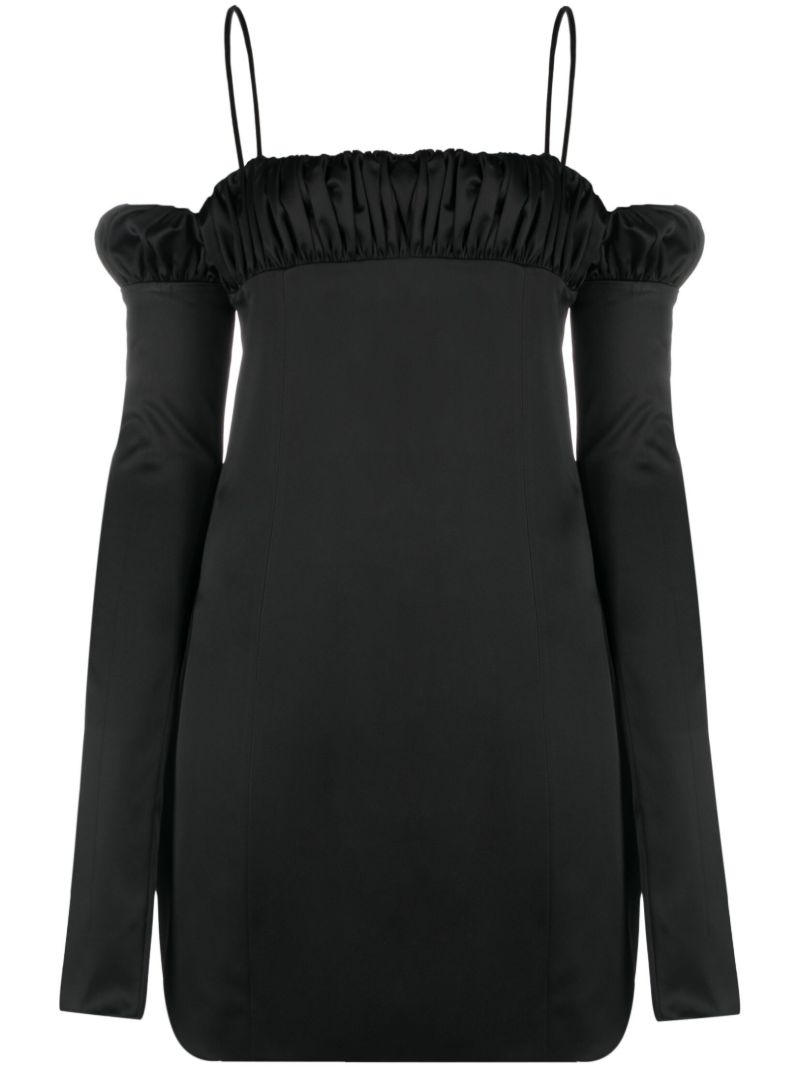Black Lotus Ruched Satin Mini Dress