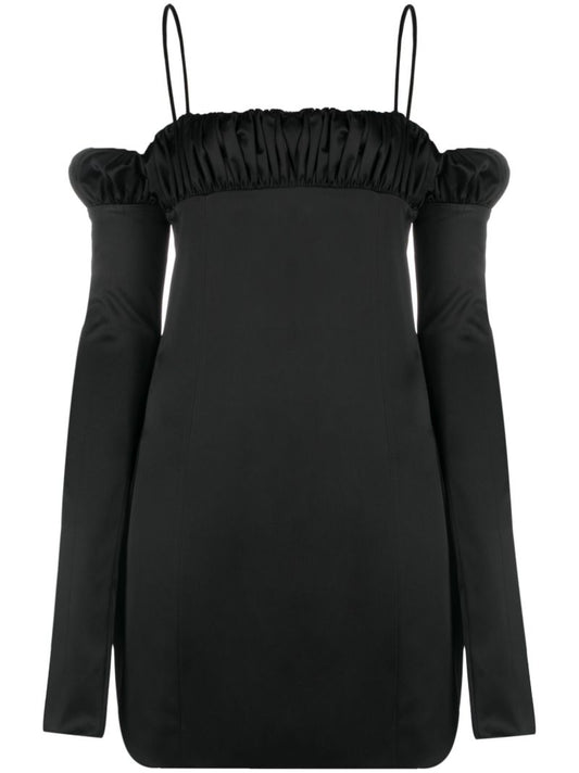 Black Lotus Ruched Satin Mini Dress