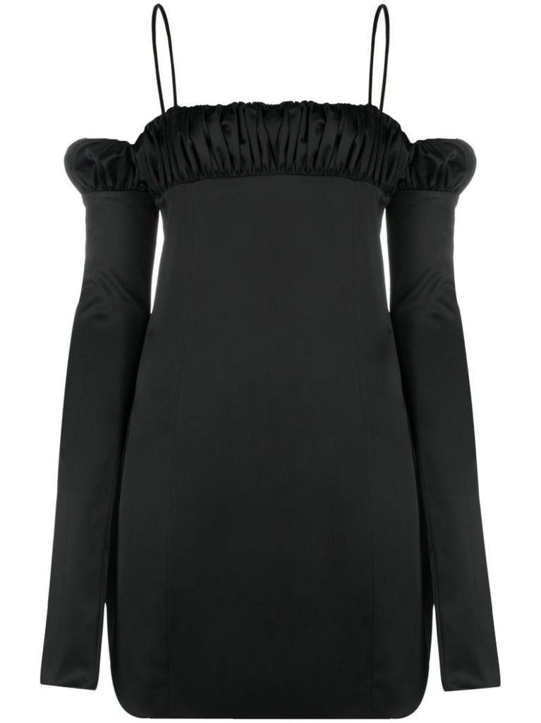 Black Lotus Ruched Satin Mini Dress