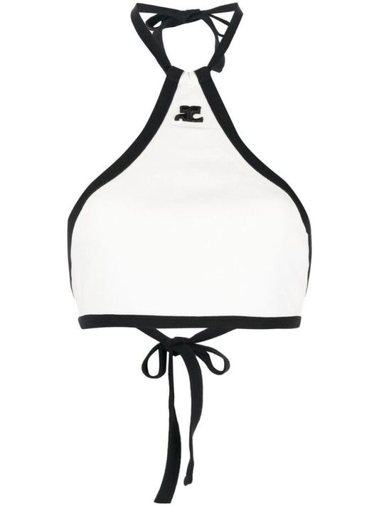 White Logo Embroidered Halterneck Crop Top