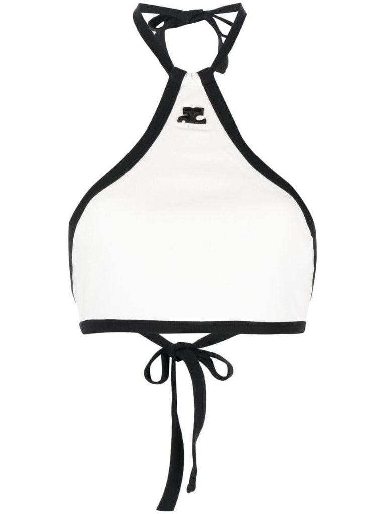 White Logo Embroidered Halterneck Crop Top