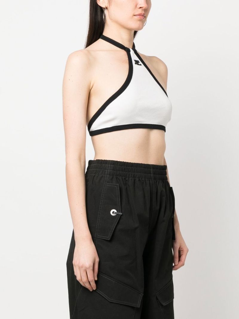 White Logo Embroidered Halterneck Crop Top