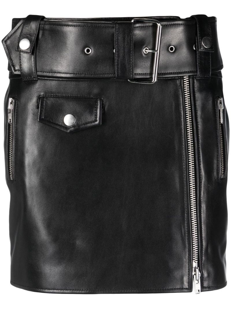 Black Biker Belted Leather Mini Skirt