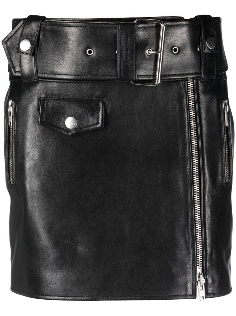 Black Biker Belted Leather Mini Skirt