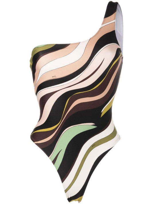 Brown Onde Print One-shoulder Swimsuit
