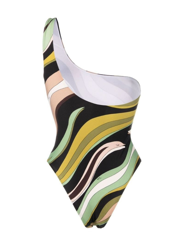 Brown Onde Print One-shoulder Swimsuit