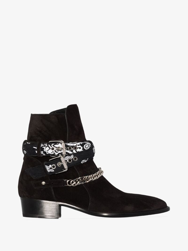 Black Bandana Buckle Suede Ankle Boots