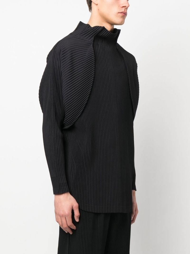 Black Stand Up Neck Micro Pleating Top