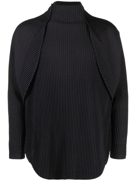 Black Stand Up Neck Micro Pleating Top
