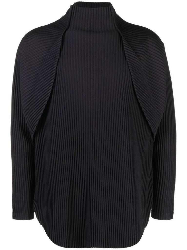 Black Stand Up Neck Micro Pleating Top