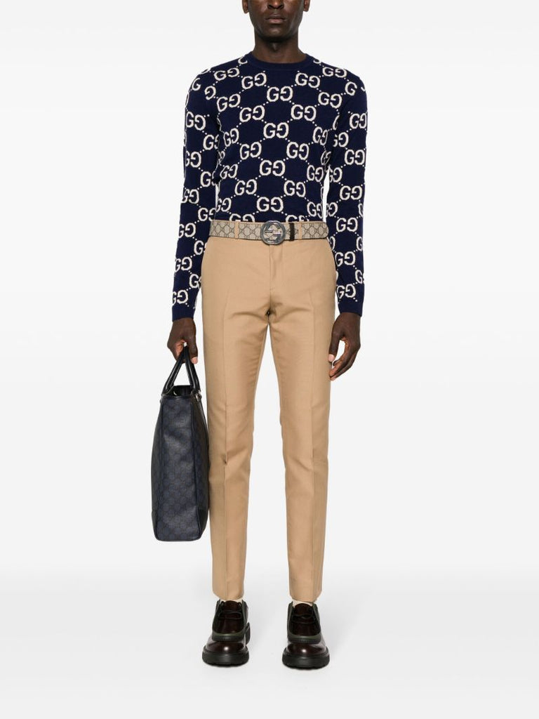 Beige Ankle-length Cotton Trousers