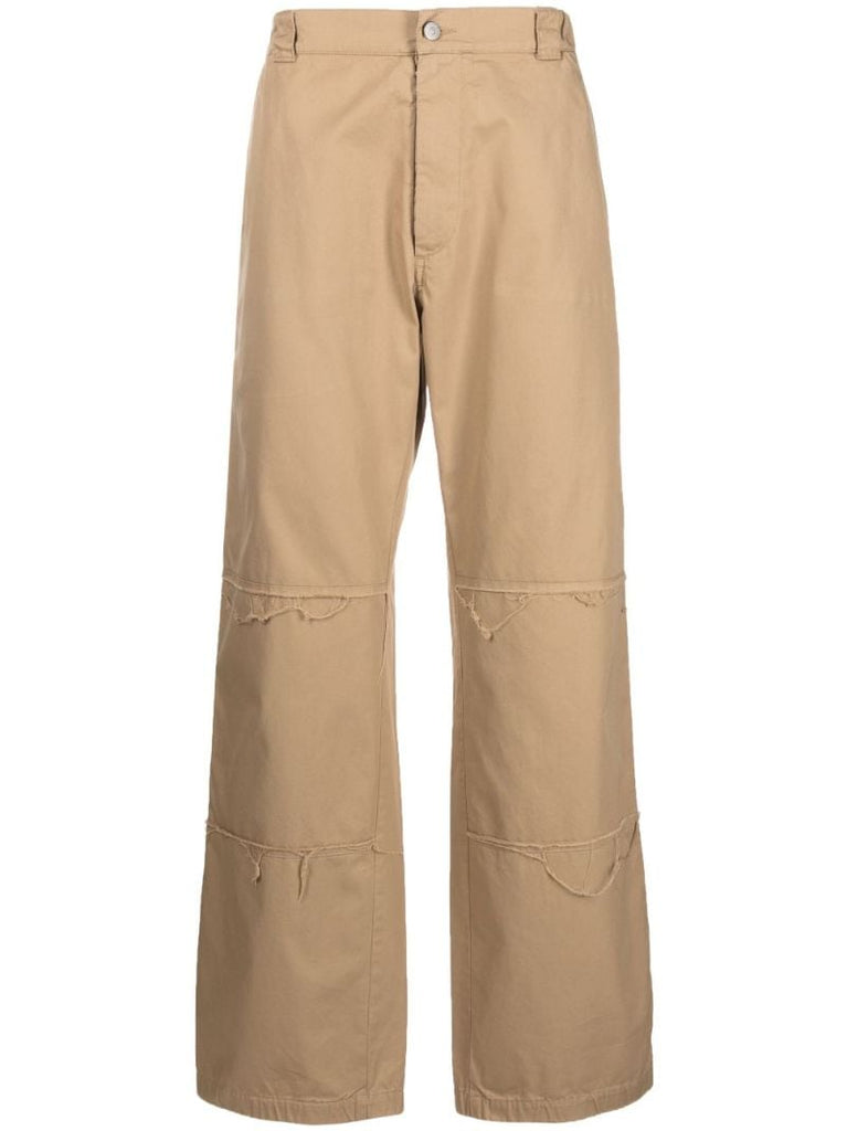 Beige Loose-threads Straight-leg Cotton Trousers