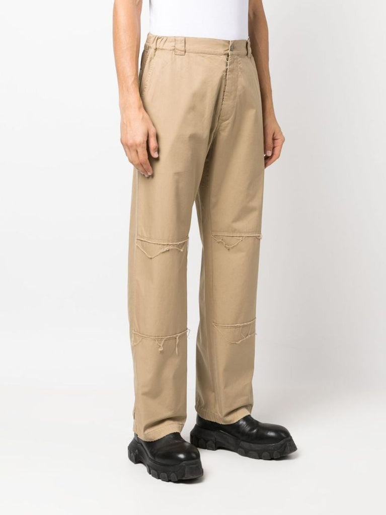 Beige Loose-threads Straight-leg Cotton Trousers