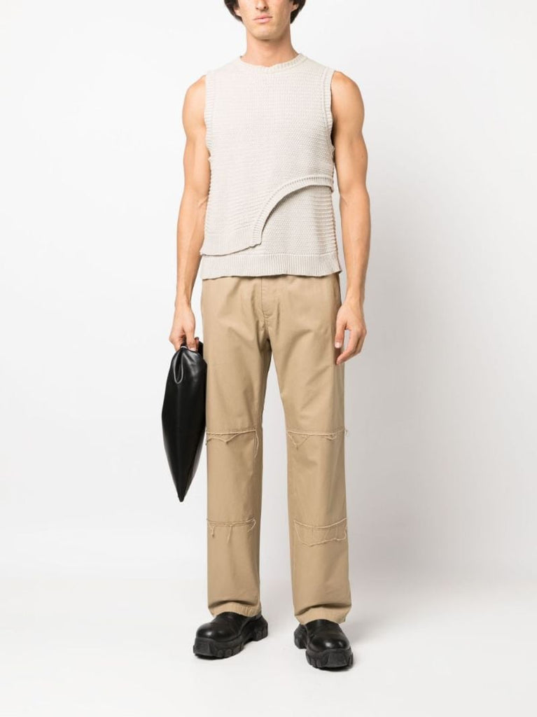 Beige Loose-threads Straight-leg Cotton Trousers