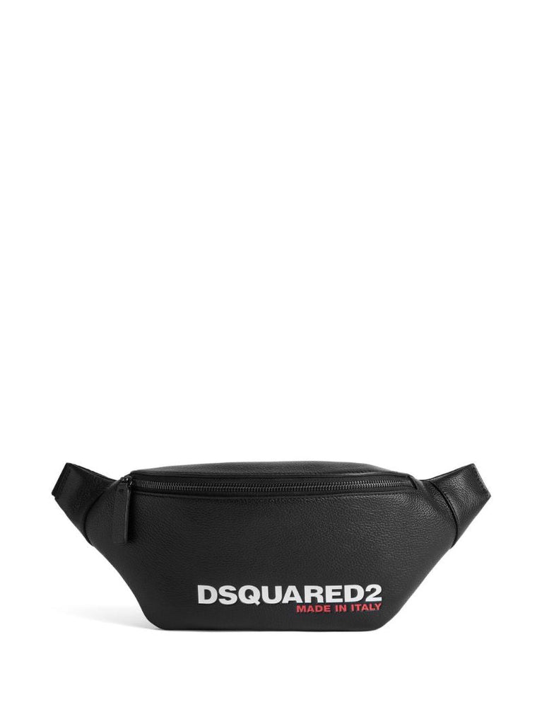 Black Logo Print Leather Belt Bag