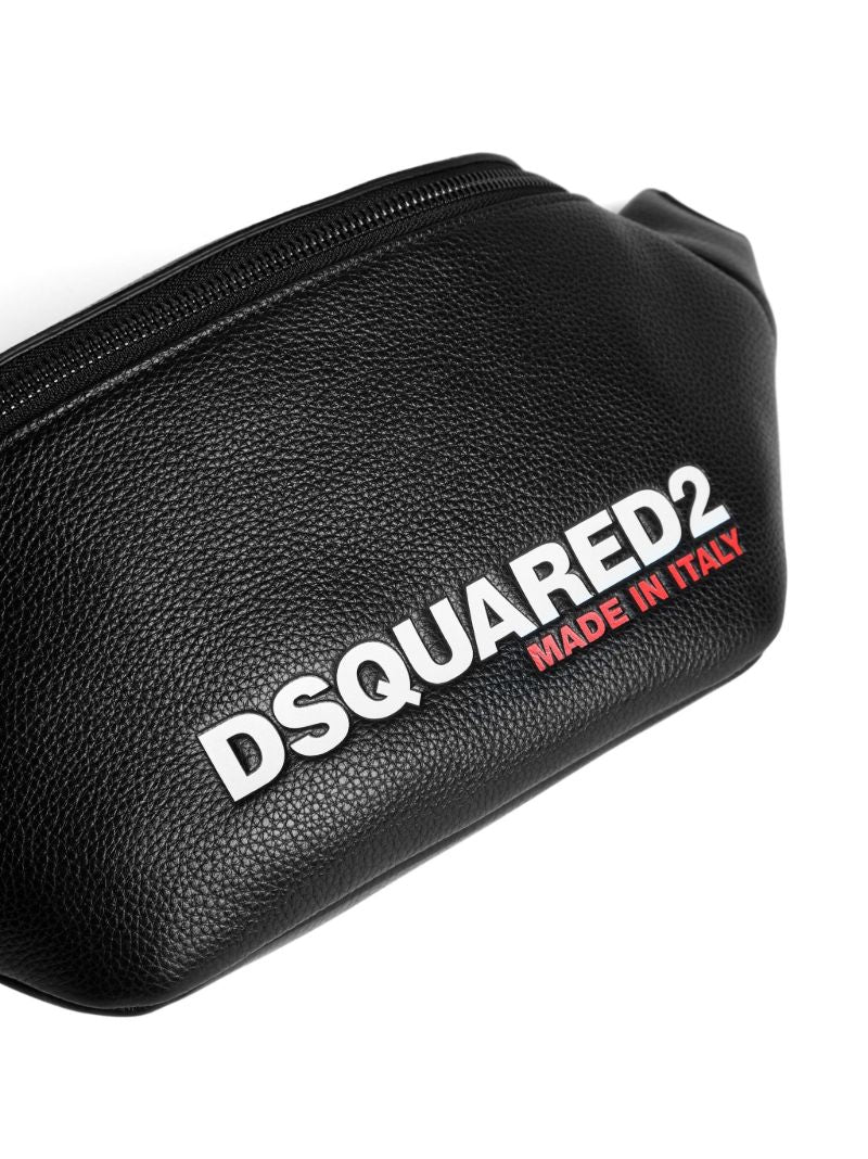 Black Logo Print Leather Belt Bag