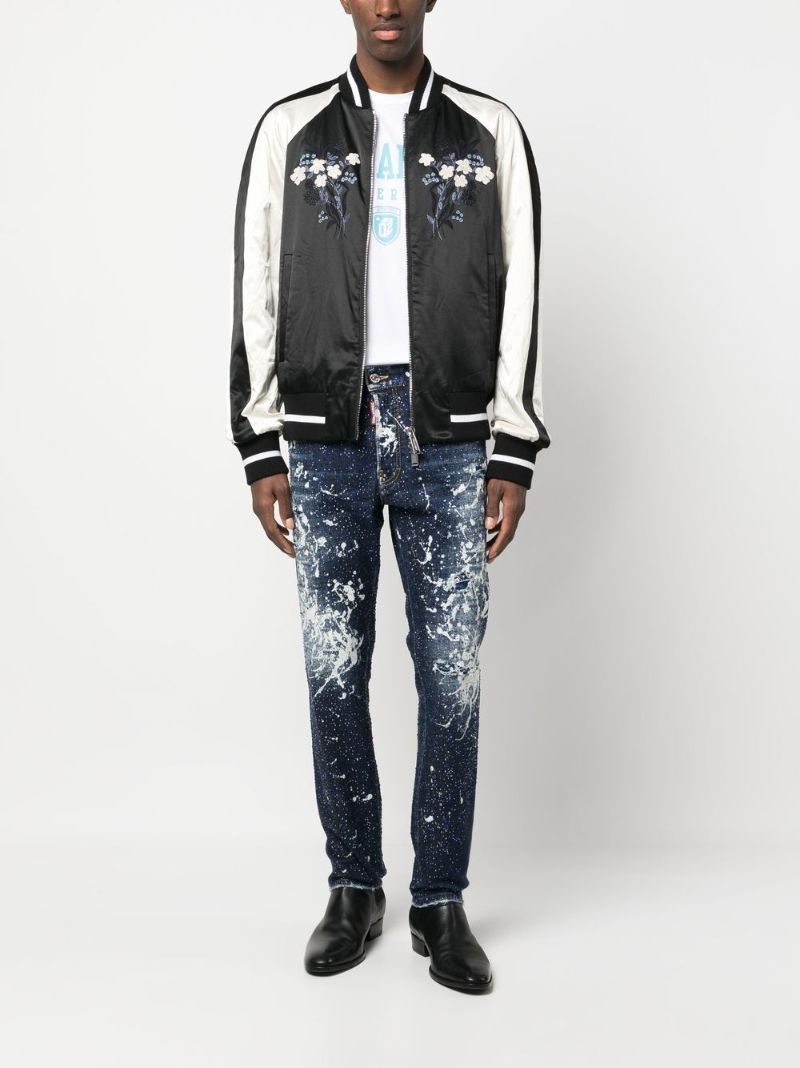 Black Floral-embroidered Bomber Jacket