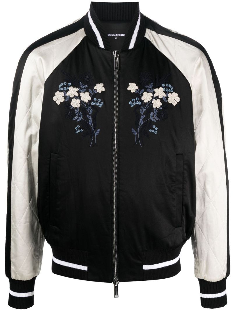 Black Floral-embroidered Bomber Jacket