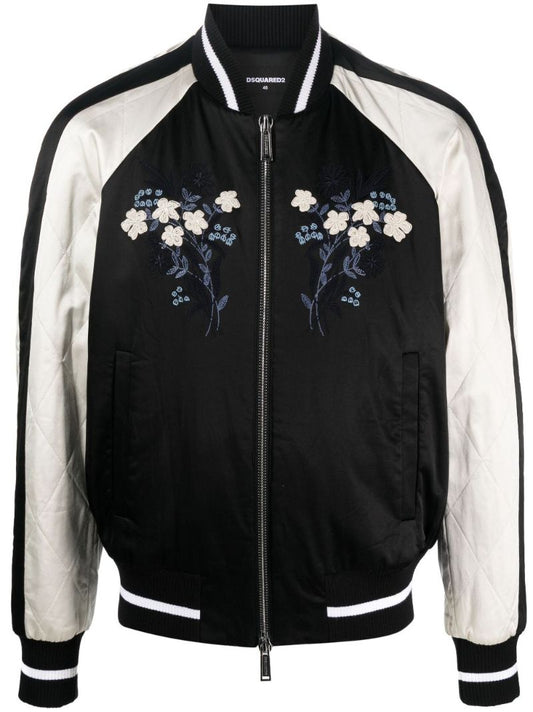 Black Floral-embroidered Bomber Jacket