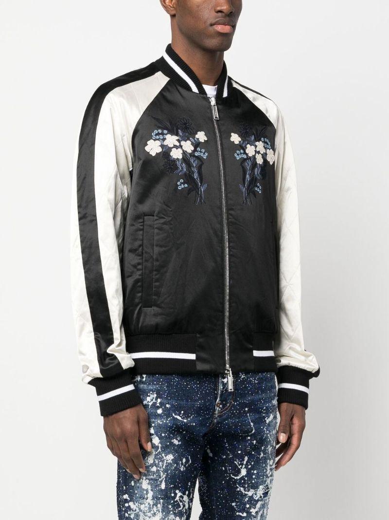 Black Floral-embroidered Bomber Jacket