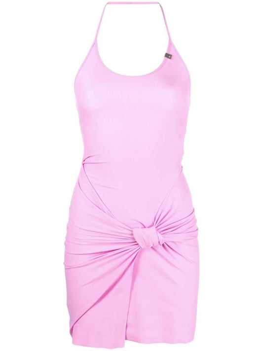 Pink Gathered Detail Halterneck Mini Dress