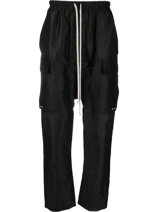 Black Strobe Linen Cargo Trousers