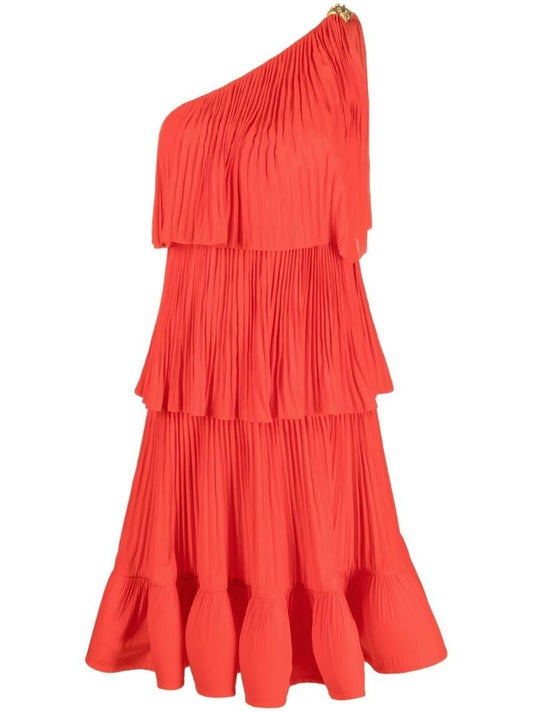 Red Asymmetric Three Layer Ruffle Dress