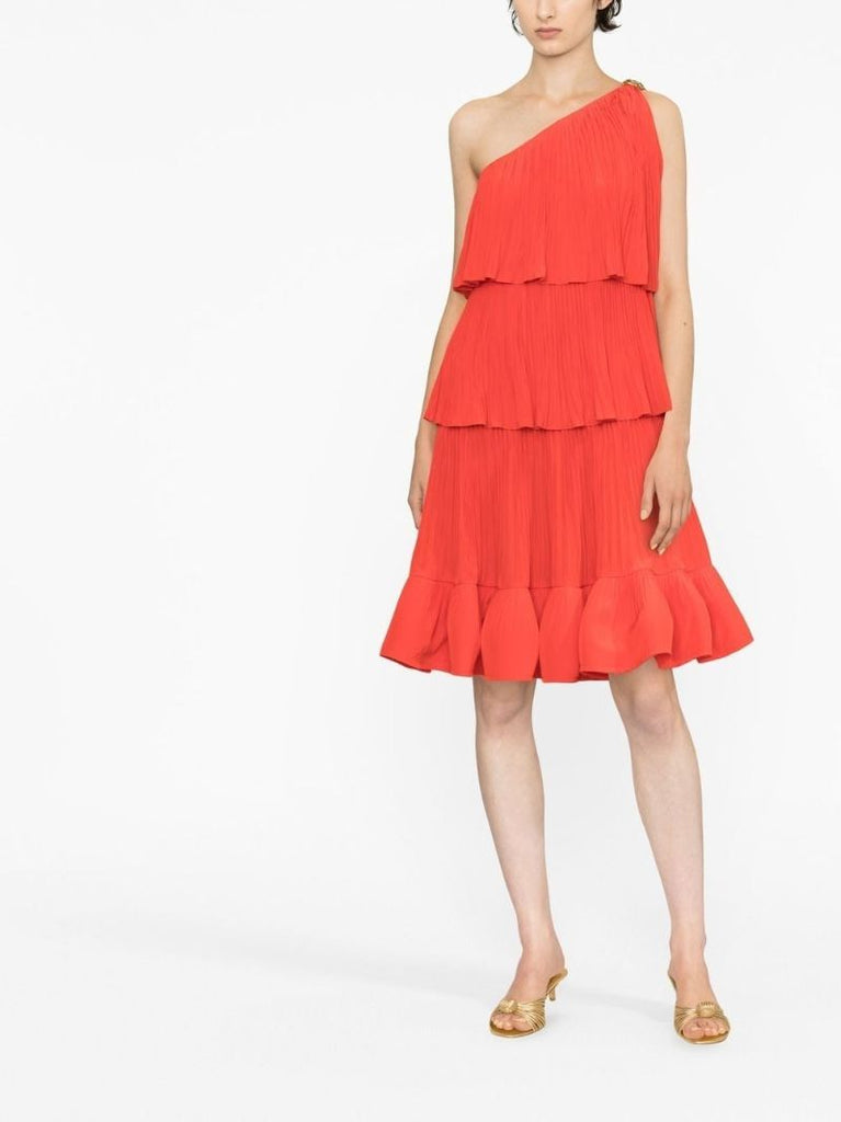 Red Asymmetric Three Layer Ruffle Dress