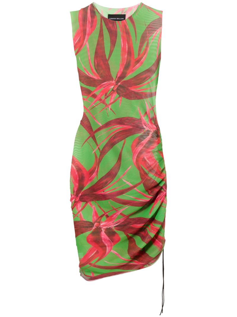 Green Botanical Print Asymmetric Dress