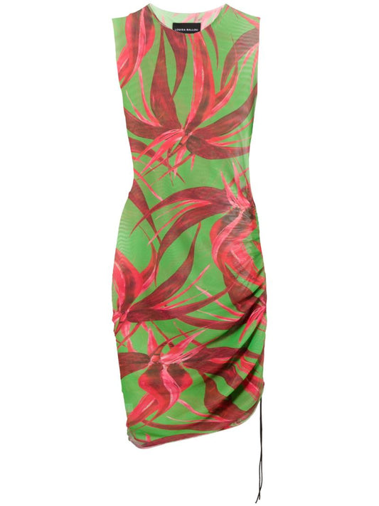 Green Botanical Print Asymmetric Dress